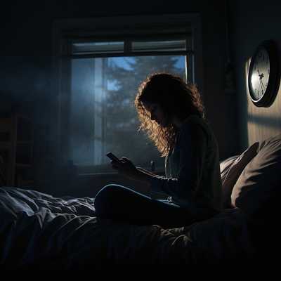 Bezsenna kobieta siedząca na łózku w środku nocy przeglądająca Internet na smartfonie